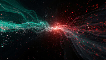 Dynamic teal and red energy streams collide in a vibrant, modern design