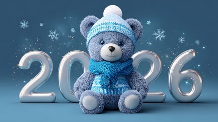Winter Teddy Bear with 2026 Silver Numbers and Snowflake Background