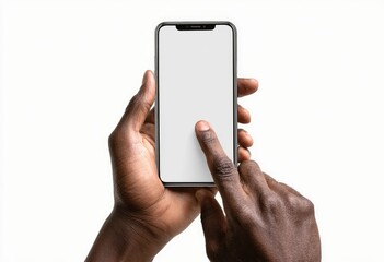 Hands hold a smartphone with a blank screen.  A finger touches the screen