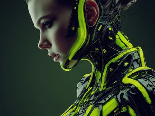 Side Profile of Woman in Neon Green and Black Cyberpunk Bodysuit and Headpiece, Futuristic Fashion, Studio Shot, Modern Technology Style, Green Background