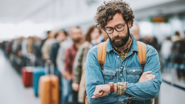 Anxious Traveler Checking Time in Long Airport Check-In Queue