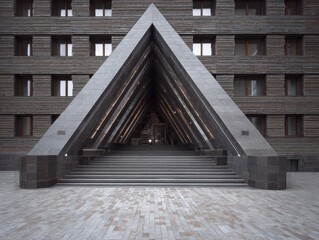 Contemporary Building Triangular Archway Entrance Modern Urban Architecture Geometric Design Grand Staircase Textured Facade