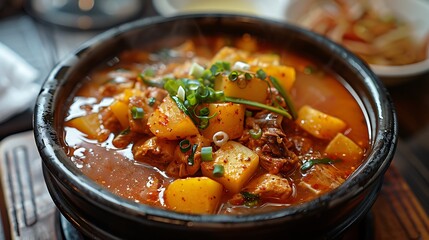 A close up shot of a bowl of korean stew with potatoes and scallions in a dark stone bowl on wood