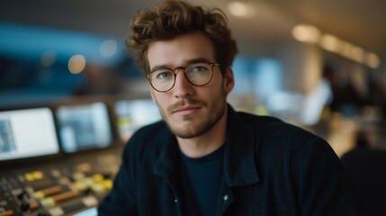 Fototapeta premium Engineer supervising digital control panels managing automated weaving systems in a modern textile lab, emotion of focus and professionalism visible, representing AI-driven production, smart
