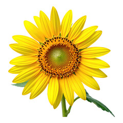 Obraz premium Yellow Sunflower with Green Leaves on Transparent Background, High-Resolution Cutout for Web Design