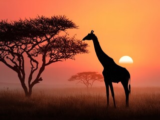 African Sunset Giraffe Silhouette Tree Acacia Wild Nature Landscape Safari Wildlife