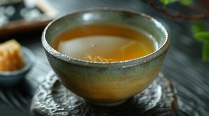 A close up of a bowl of golden liquid with garnish on a decorative metal stand with side dish near by