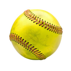 Softball isolated on white background, Worn yellow softball