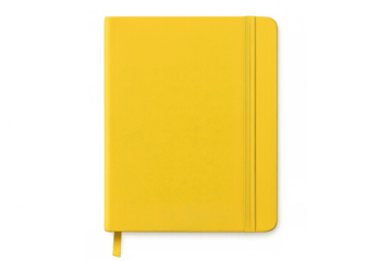 Yellow notebook with elastic band and bookmark, blank cover for branding or personal diary