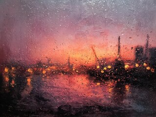 Abstract Impressionistic Painting Portraying a Vibrant Sunset Over a Cityscape Reflected in Water with Raindrops on a Glass Surface Evoking a Sense of Serenity and Urban Beauty