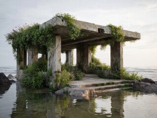 Serene Coastal Stone Structure Submerged in Shallow Ocean Water, Overgrown with Green Plants and Blooming Flowers, Minimalist Ruin at Shoreline under Soft Morning Light