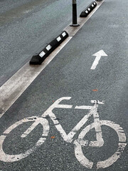 Obraz premium Bicycle lane marking with direction arrow on wet asphalt, city cycling infrastructure after rain.