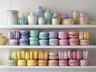 Assorted Macarons Bakery Shelf Colorful Desserts Sweet Treats Jars Background Delicious French Confectionery Display Vibrant Collection