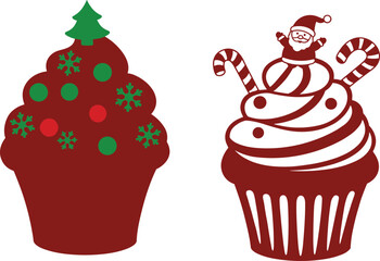 Christmas cupcake, festive dessert, holiday treat, Santa decoration, candy cane swirl, tree topping, vector art, seasonal sweet, decorative pastry, celebration food