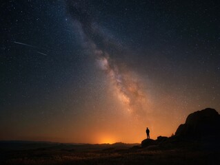 Stargazer silhouetted against vibrant Milky Way galaxy and orange sunset glow vast desert landscape night sky meteor shower phenomenon