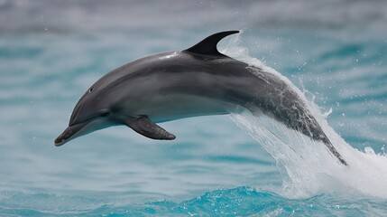 Fototapeta premium cetacean. Dolphin leaping from turquoise ocean waters, dynamic marine life in motion. wildlife magazines, conservation campaigns, designed for nature documentaries and education.