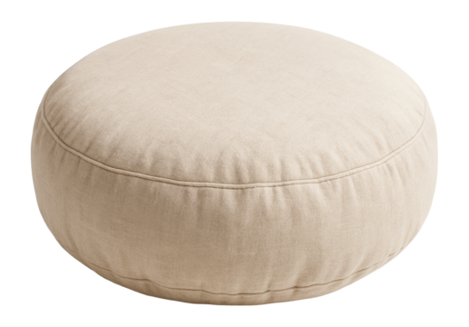 A round, cushioned meditation seat with a cotton cover, perfect for a tranquil bedroom.