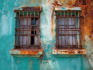 Aged Teal Wall Two Rusted Barred Windows Industrial Building Exterior Grunge Texture Vibrant Blue Green Paint Flaking Corroded Metal Grilles Weathered Architectural Element Urban Decay