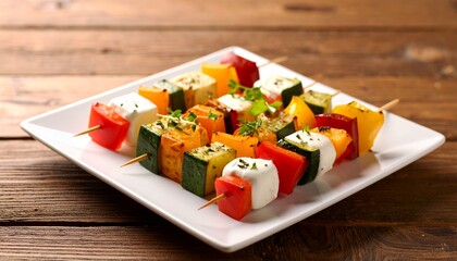 Assorted grilled vegetable skewers with herbs and cheese cubes arranged neatly on a white plate, captured in natural light on a rustic wooden table background