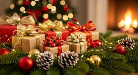Festive christmas presents arranged near a fireplace with ornaments and christmas tree lights around