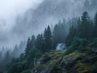 Secluded Blue House in Misty Forest, Atmospheric Woodland Cabin Amidst Pine Trees and Fog-Covered Mountains, Tranquil Nature Scene with Haze