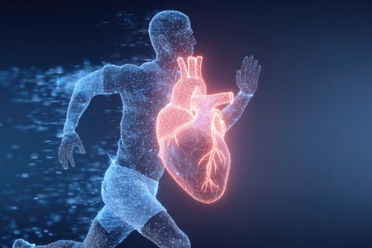 Running man, glowing heart, digital illustration