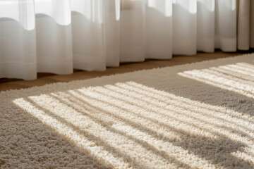 Warm morning light filters through a sheer curtain, casting diagonal striped shadows across the soft, textured white shag rug on the wooden floor.