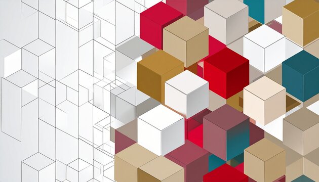 Abstract geometric composition of colorful cubes and wireframe outlines.
