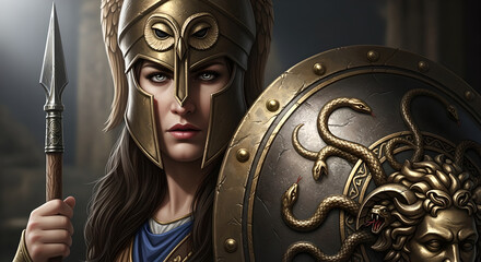 Goddess Athena Warrior Holding Spear and Aegis Shield with Medusa Head.