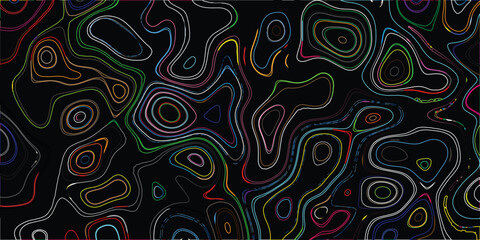 Vibrant abstract pattern on a black background featuring colorful, swirling contour lines in red, blue, green, yellow, and white, creating a dynamic and energetic visual composition