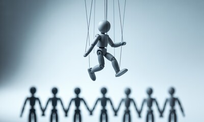 A string-controlled figure walks above a line of connected, motionless grey figures