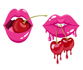 Woman lips with a cherry. Sexy woman's half-open mouth or lips clamps a cherry berry in the teeth. Female sexy pink lips. Cartoon