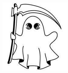 A funny and cool cartoon ghost character holding a grim reaper scythe. Cute ghost reaper icon. Funny little ghost dressed as a grim reaper with a big scythe