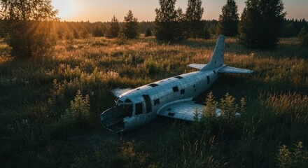 A wrecked, abandoned airplane fuselage decaying in an overgrown field, lit by sunset