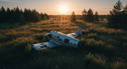 Abandoned plane hull lies in a golden grassy field at sunrise, surrounded by forest