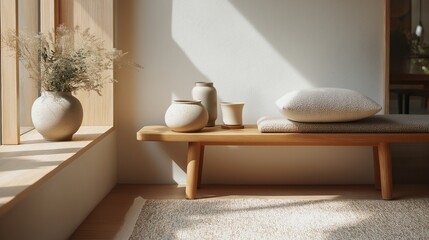 Corner of a room with a wooden bench on the right side. on the bench, there are three white vases and a white vase with dried flowers in it. next to the vase, there is a small white candle holder.