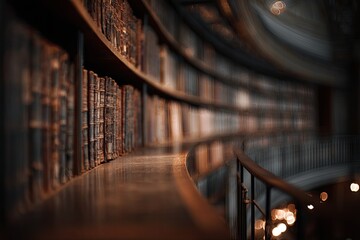 Ancient books on curved library shelves