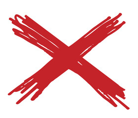 An image of a red grunge x. Variant of the sign, incorrect, false, reject, ban, criss-cross, crossed out, X sign. Hand drawn grunge sign. X cross.