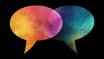 Two overlapping speech bubbles, vibrant and textured, in rainbow colors, against a black background