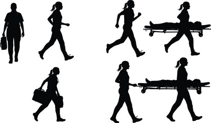 Emergency medical silhouettes, stretcher transport, urgent care, healthcare workers, running pose, medical equipment, minimal style, rescue scene, patient handling, urgency