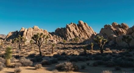 Arid desert landscape featuring iconic spiky trees and large sun-drenched rock formations