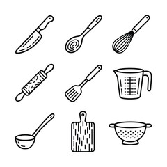 Kitchen utensil icons knife spoon whisk rolling pin spatula measuring cup ladle colander
