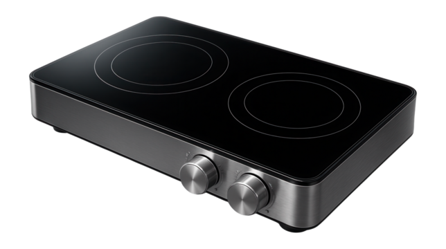 Portable glass-ceramic stove with adjustable heat, ideal for cottage countertops.