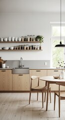 Bright and Minimalist Kitchen with Wooden Accents and Open Shelving.