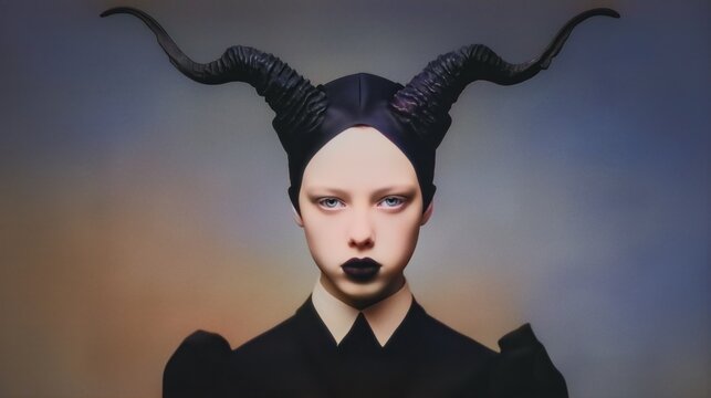 Surreal fine-art portrait of a stoic figure with black ram-like horns in dark attire against a softly blended ethereal background