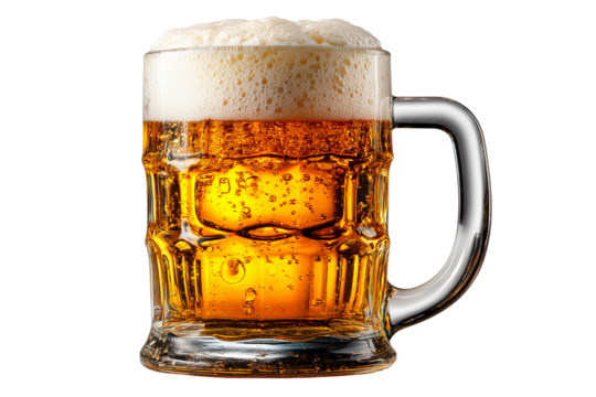 Classic beer mug filled with golden lager and topped with frothy foam, showcasing bubbles and refreshing appearance. Perfect for enjoying cold beverage - Powered by Adobe