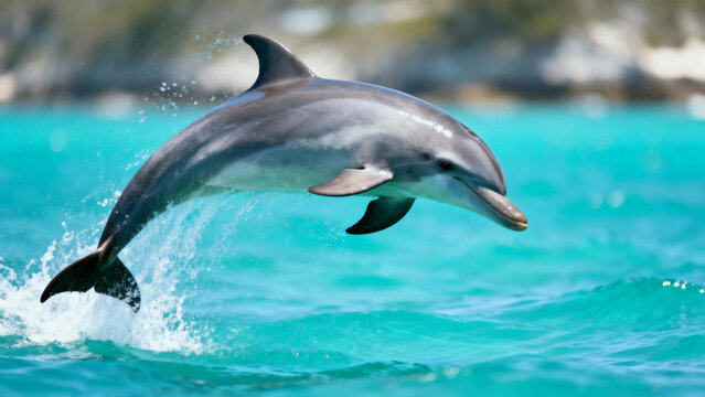 Dolphin leaping out of turquoise water in a dynamic splash