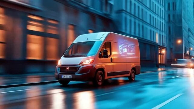 Experience the calm of the city at night as a delivery van glides through the streets. Perfect for projects needing nighttime transport visuals. AI