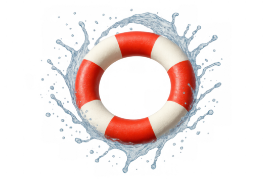 Lifebuoy splashing into water, symbolizing help, safety, and rescue on transparent background