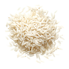 Long-grain white rice scattered on a clean white background